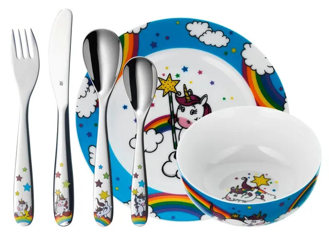 wmf-einhorn-kinder-geschirrset-6-teilig-kindergeschirr-mit-kinderbesteck-cromarg image 1