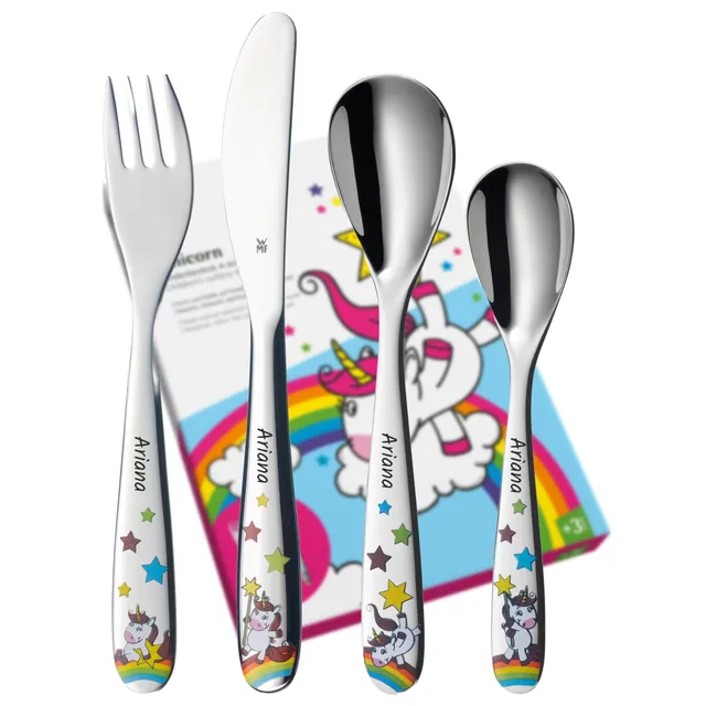 wmf-kinderbesteck-einhorn-4-teilig-mit-gravur-cromargan-edelstahl-kindermesser-g image 1