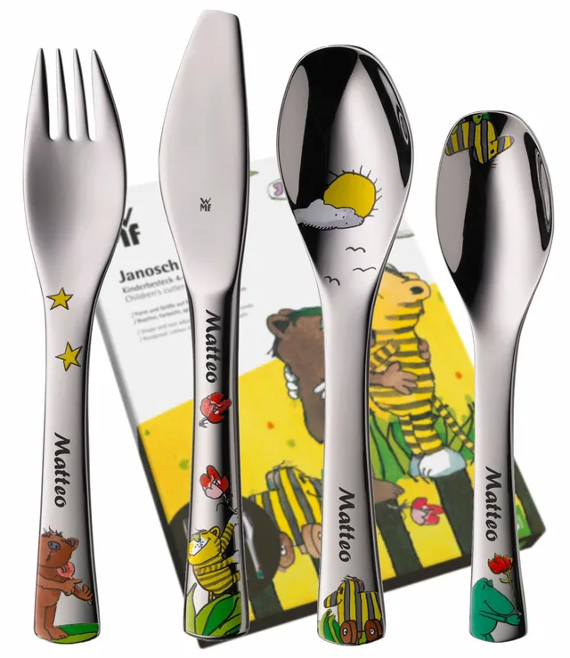 wmf-janosch-kinderbesteck-4-teilig-mit-namensgravur-auf-allen-teilen-cromargan-e image 1