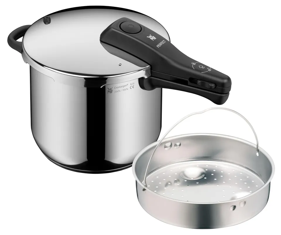 wmf-perfect-schnellkochtopf-induktion-6-5-l-mit-dampfgareinsatz-cromargan-edelst image 1
