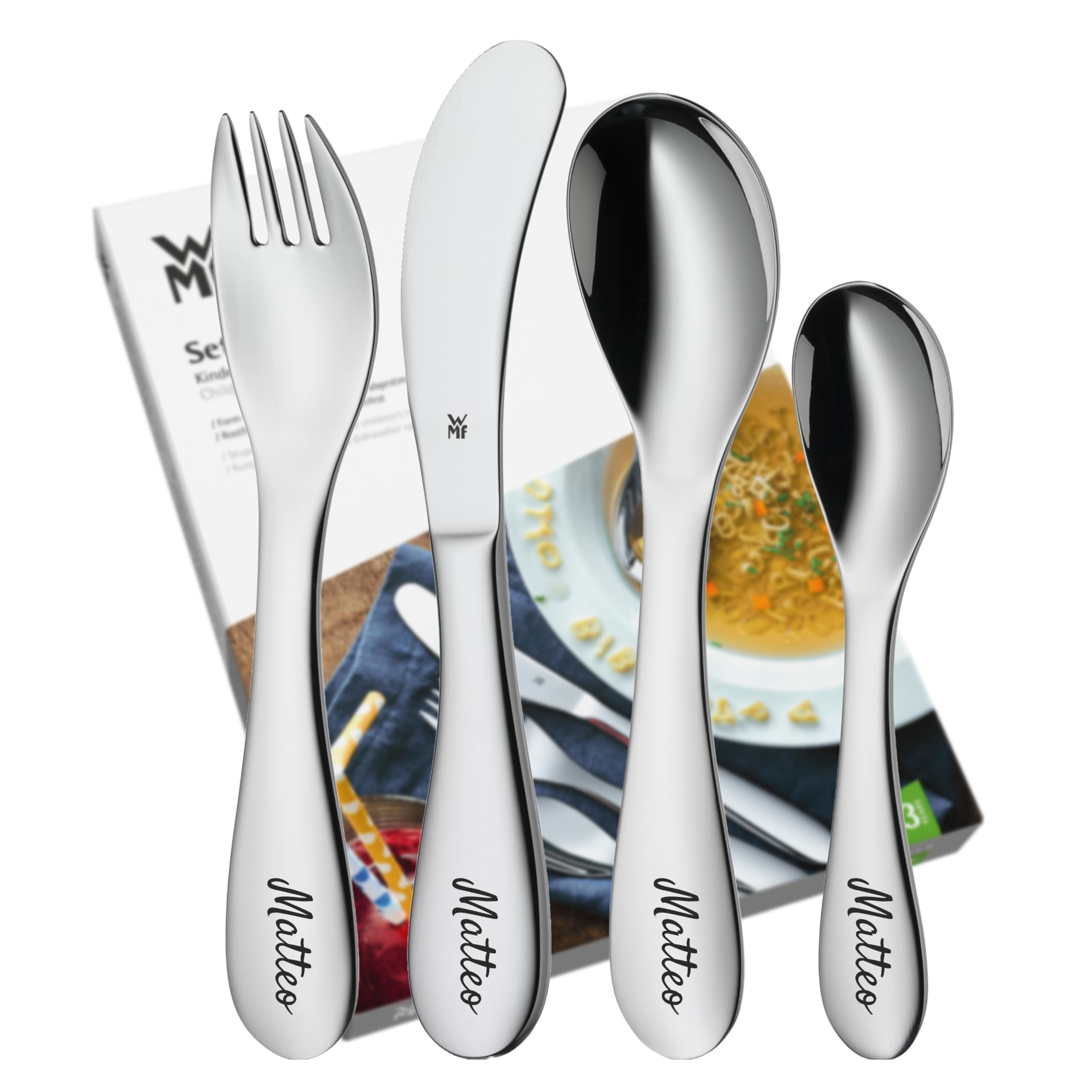 wmf-knuddel-kinderbesteck-4-teilig-mit-namensgravur-cromargan-edelstahl-18-10-f- image 1