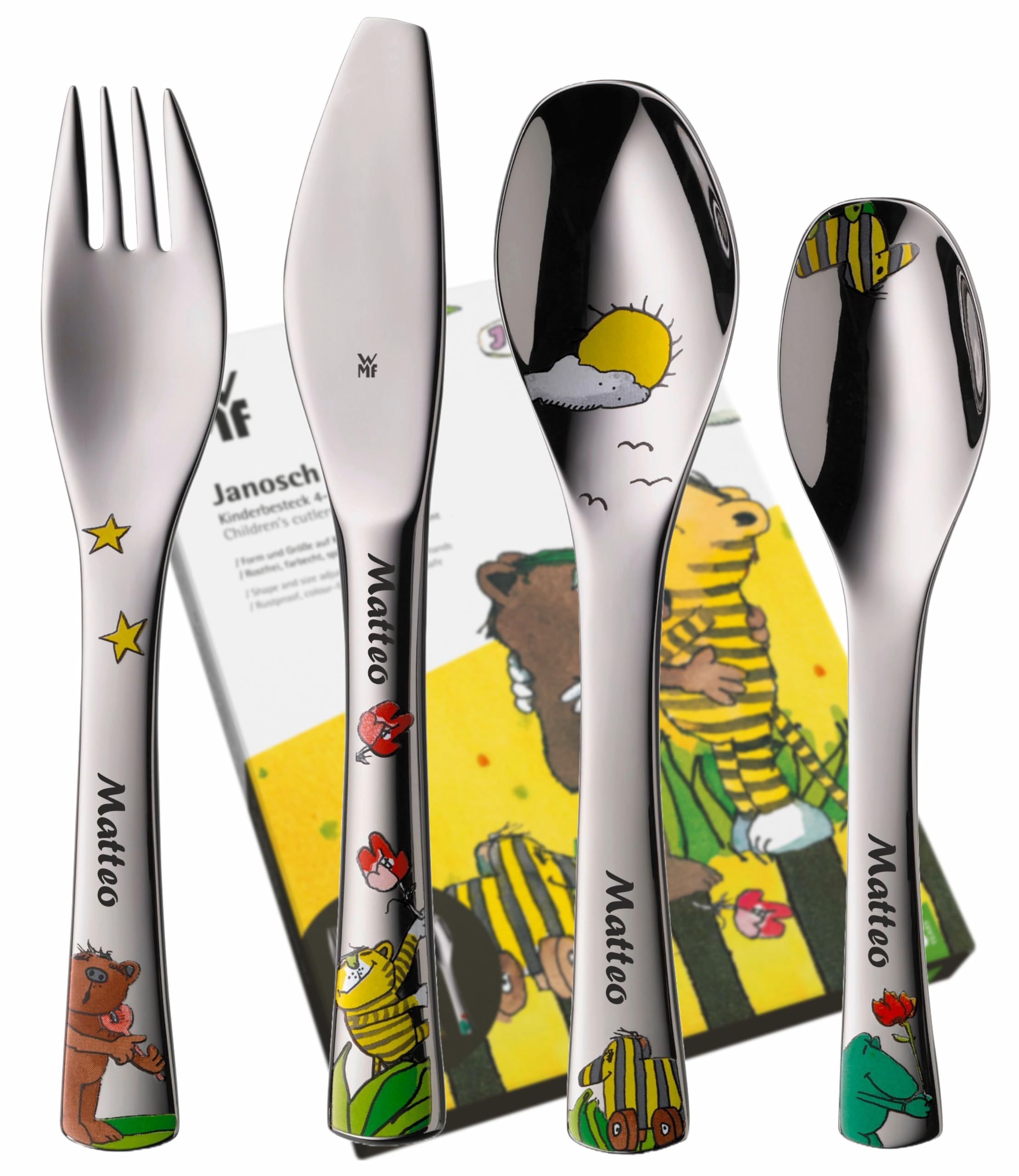 wmf-janosch-kinderbesteck-4-teilig-mit-namensgravur-auf-allen-teilen-cromargan-e image 1
